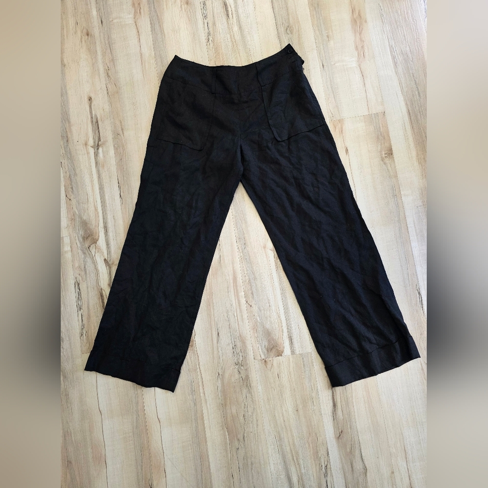 Larry Levine Black Cuffed Trousers Womens 14 Linen Blend Wide Belt Loop Leg